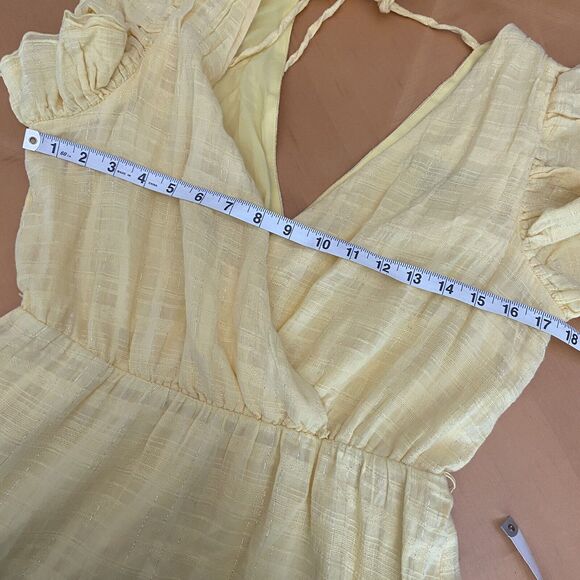 Maggy London Sz 10 Tiered Midi Sundress Yellow Flutter Cap Sleeve Silver Thread - Picture 12 of 13